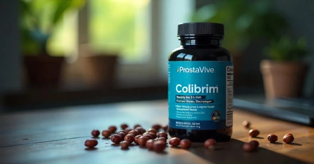 ProstaVive Colibrim supplement bottle and capsules promoting advanced prostate health and vitality for men.