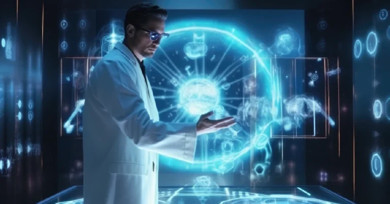Healthcare professional interacting with RPDJAFUD technology through futuristic holographic interface for medical diagnostics