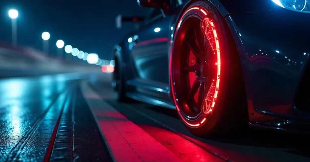 First Brake Kit installed on a sleek sports car wheel with glowing red LED lights, highlighting performance and safety upgrades at night.
