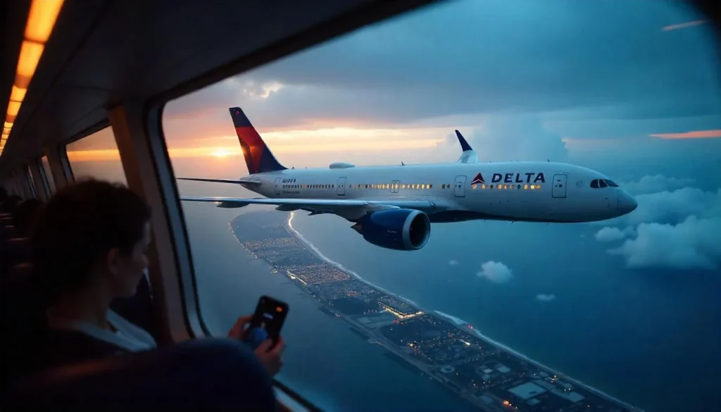 Delta Flight DL275 diverted LAX mid-air with Airbus A350-900 flying through stormy sky and warning alert