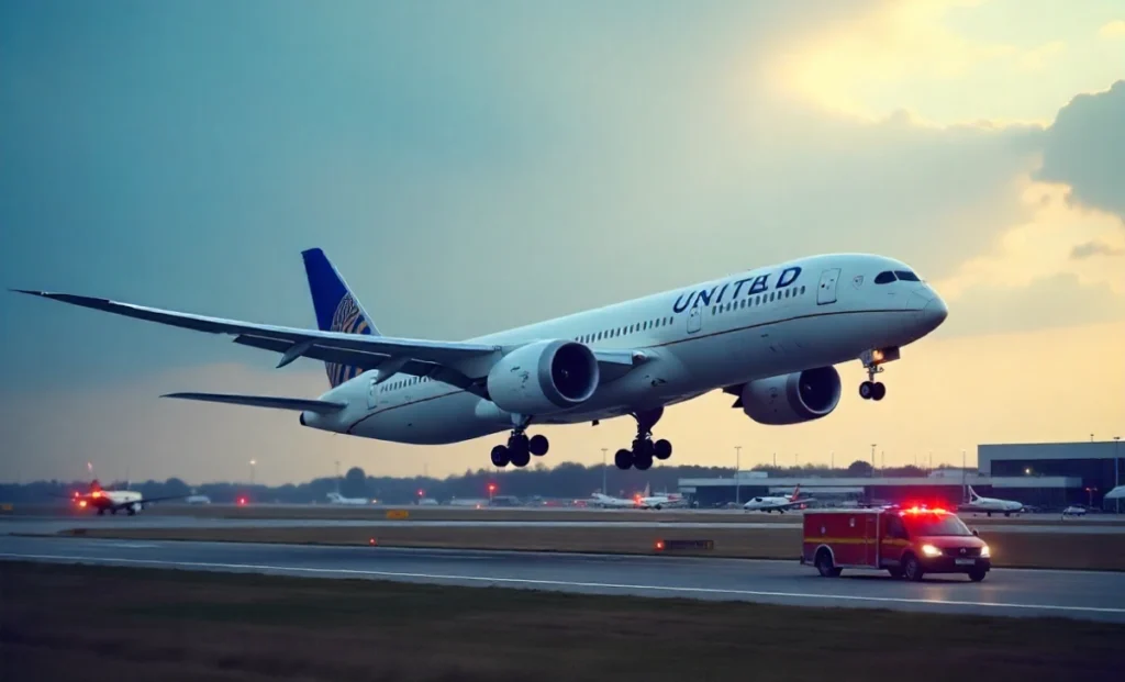 United Airlines Flight UA770 Emergency Diversion Boeing 787 landing at London Heathrow Airport runway with emergency vehicles