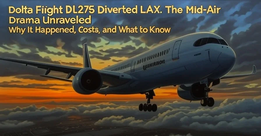 Oil painting of Delta Flight DL275 Diverted LAX, showing an Airbus A350-900 in a stormy sky over the Pacific Ocean, LAX below, with anti-ice failure alerts and passenger silhouettes checking phones.