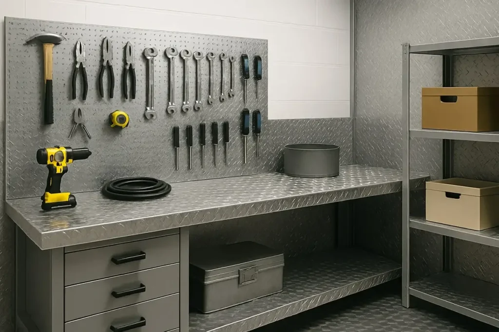 Home workshop with aluminium chequer plate on bench, walls, and floor in a clean, modern setup