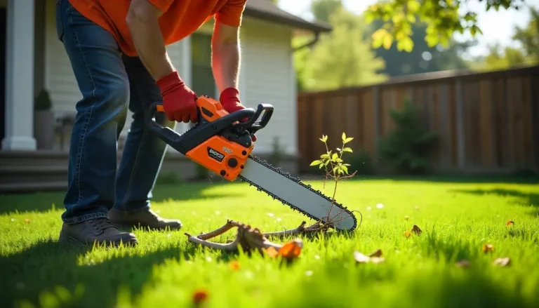 Person using a battery-powered chainsaw for a backyard upgrade by trimming small tree branches