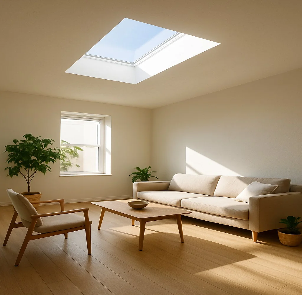Modern living room with a skylight letting in natural sunlight