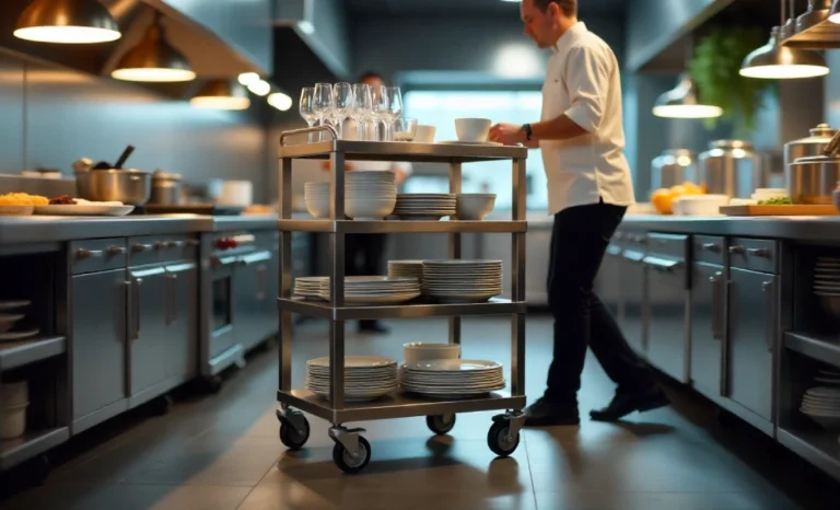 Stainless steel afruimwagen clearing cart with multiple shelves in professional restaurant kitchen showing organized dish transport