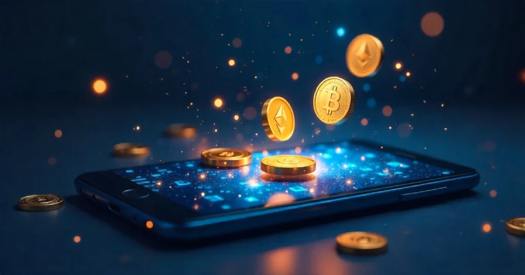 Business RobTheCoins platform showing crypto earning features and gamified interface for beginners