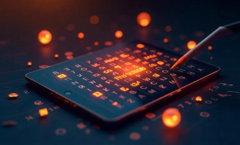 IT wordsearch puzzle on a tablet with tech icons like laptop and WiFi, highlighting terms like firewall and Python.