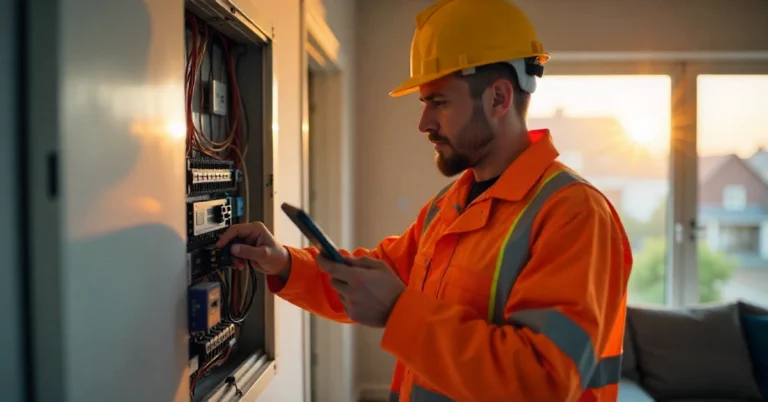 Närkes Elektriska Swedish electrician working on electrical panel with modern tools and smart home technology