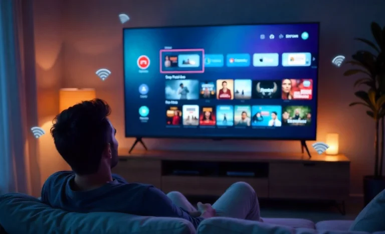 Person watching Novafork streaming platform on smart TV with movie thumbnails displayed on screen in modern living room