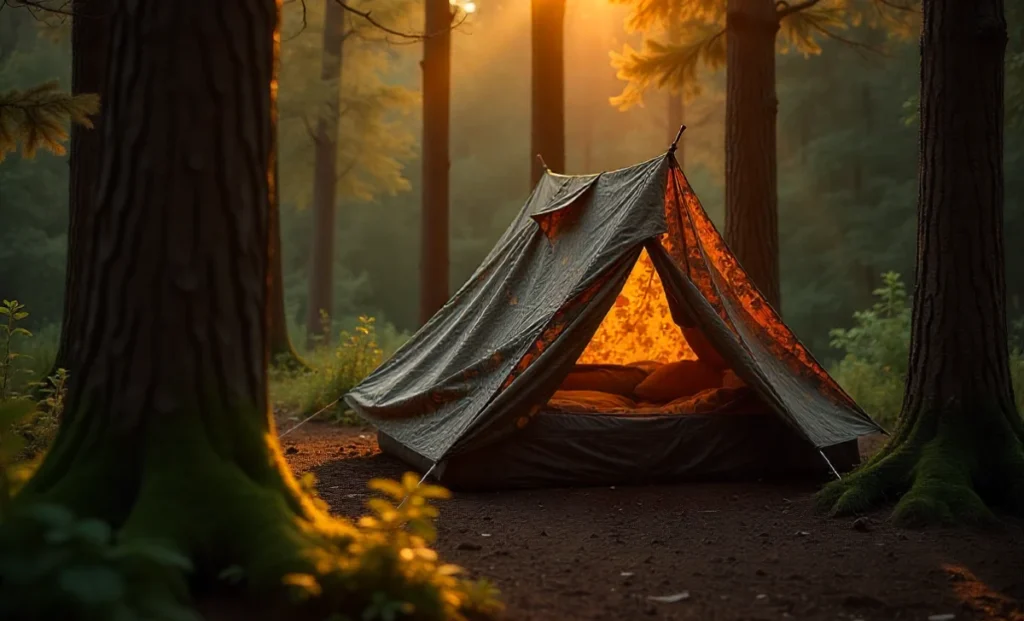 Tarnplanen camouflage tarp setup in forest showing German military-grade outdoor shelter with woodland camo pattern