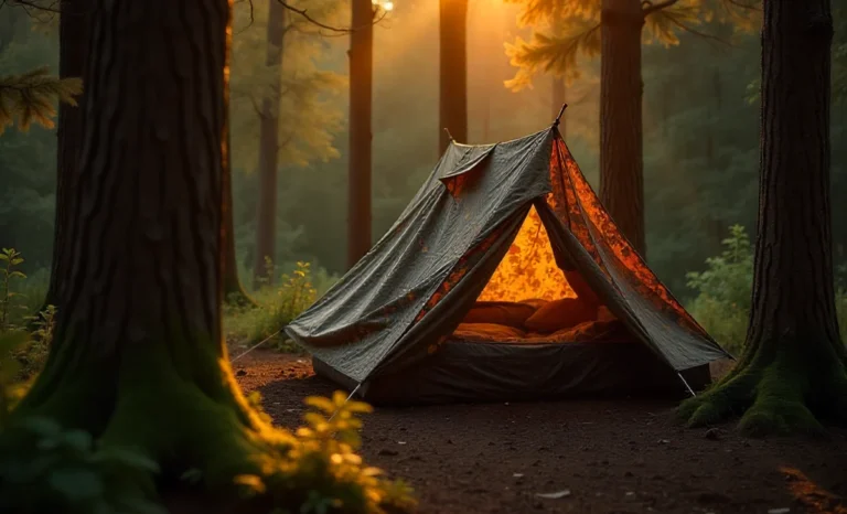 Tarnplanen camouflage tarp setup in forest showing German military-grade outdoor shelter with woodland camo pattern
