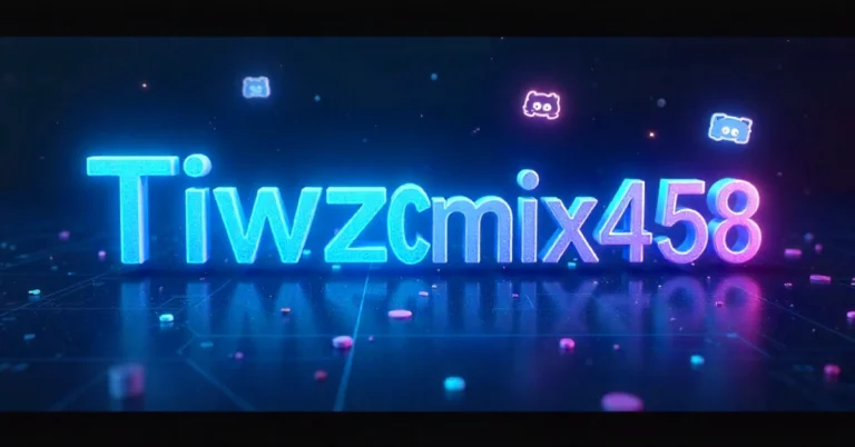 Tiwzozmix458 digital identity concept with glowing neon text and gaming platform icons in futuristic cyber space background