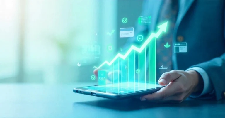 traceloans.com credit score dashboard showing real-time score increase on smartphone screen with upward trending arrows