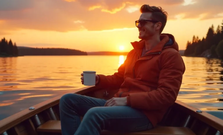 Young man enjoying Veneajelu boat ride at sunset on Finnish lake