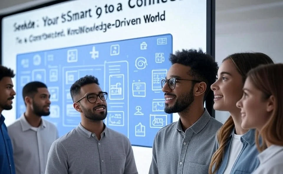 Diverse users exploring a futuristic interface with AI knowledge graphs, ideal for students, professionals, and curious minds seeking connected, knowledge-driven insights.