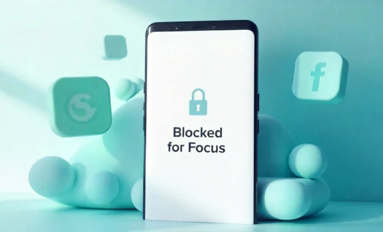 Illustration showing AppBlock blocking a website with a blank page and safe lock icon, representing content://cz.mobilesoft.appblock.fileprovider/cache/blank.html