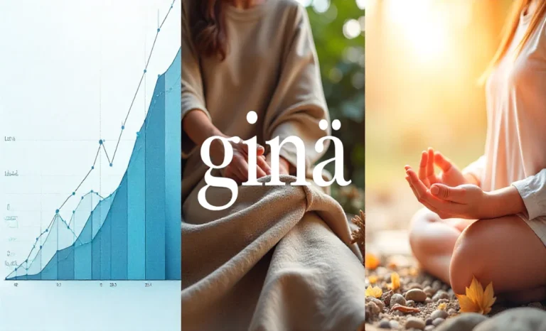 Giniä concept illustration showing economic inequality chart, lifestyle branding elements, and spiritual balance symbols