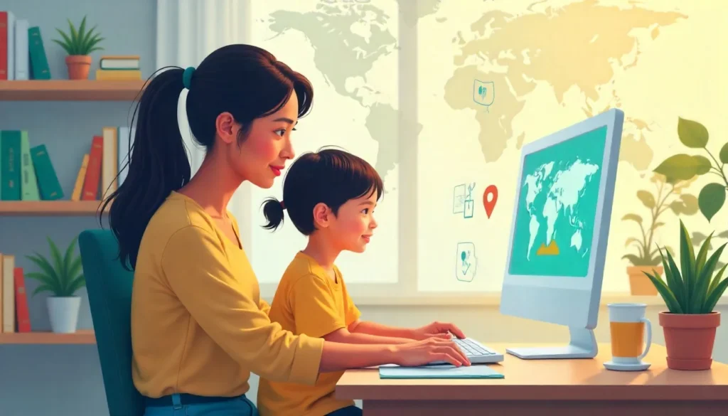 A parent and young child sit together at a desk, using a computer displaying a world map. Bookshelves and plants surround them, creating a safe environment to learn online and avoid sites like Hanime1.