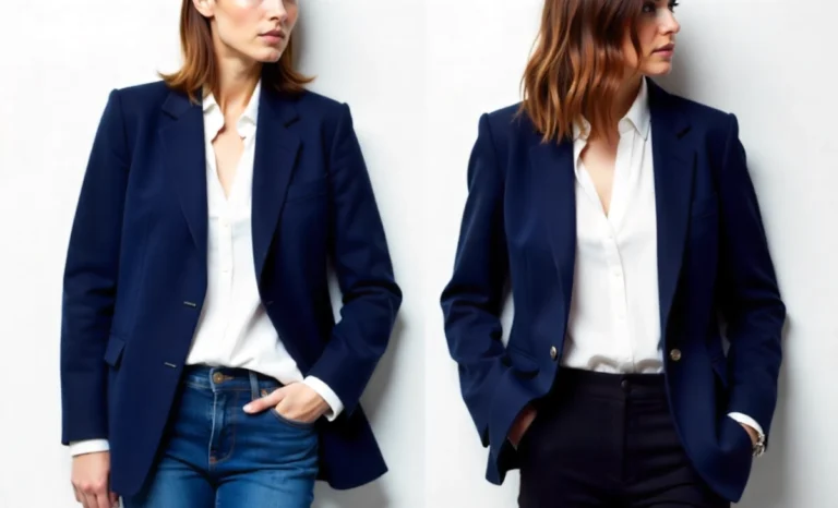 Woman wearing beige blazertje with jeans and white shirt showing casual professional style