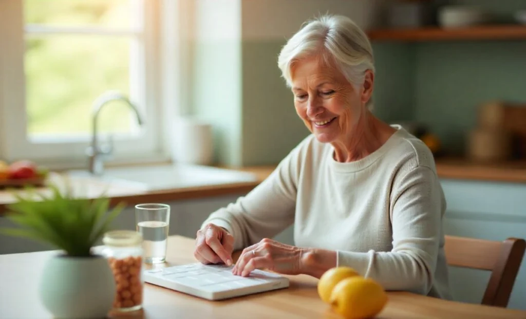 Senior using ceıvır health approach organizing daily medications and healthy habits
