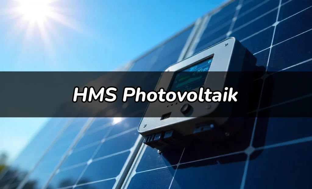 HMS Photovoltaik microinverter installed on solar panel with efficiency monitoring display