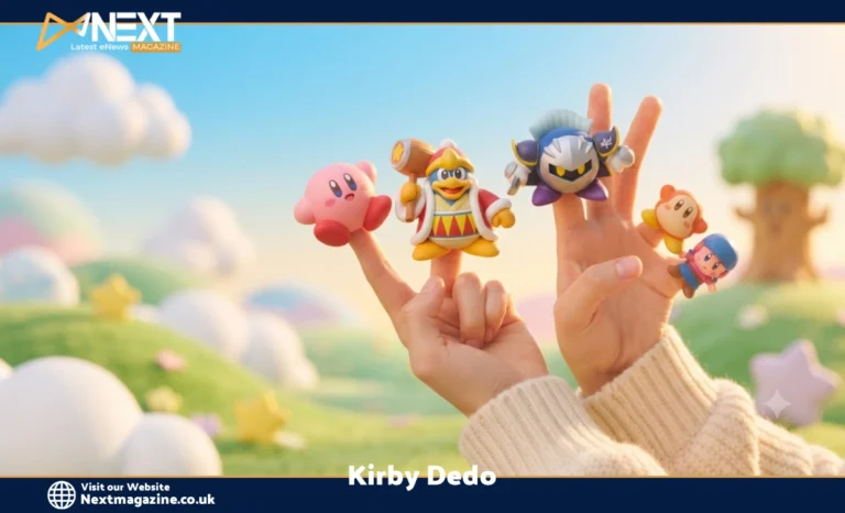 Kirby Dedo finger puppets collection featuring pink Kirby, King Dedede with hammer, and Meta Knight on fingertips against pastel Dream Land background