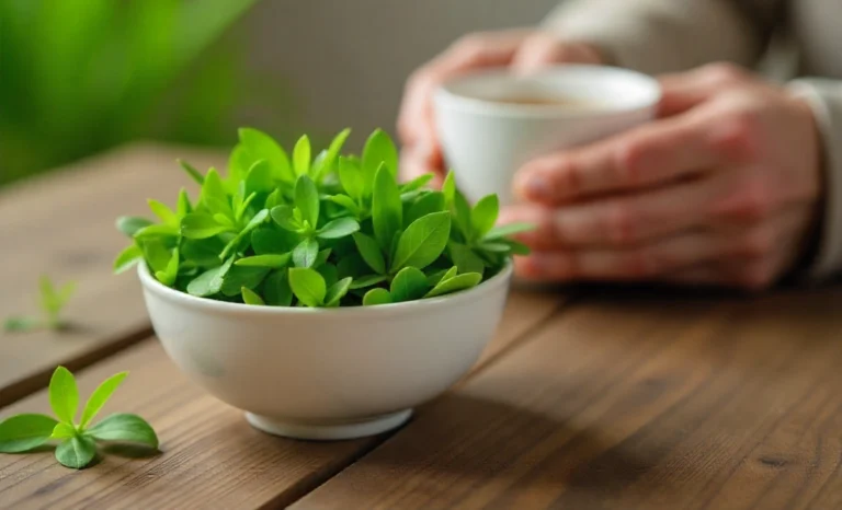 Fresh lyposingrass leaves in bowl with elderly hands holding herbal tea for natural health benefits