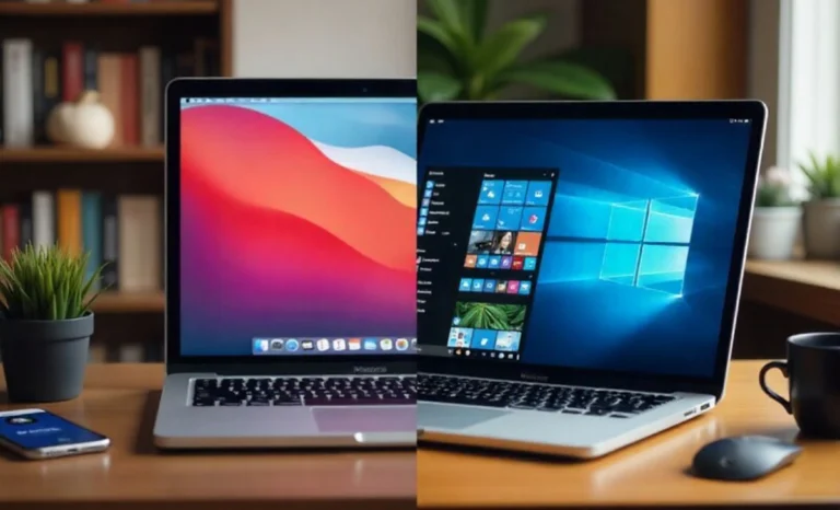 Modern Mac Računala setup showing MacBook Pro with iPhone and iPad on clean white desk representing complete switching guide for users