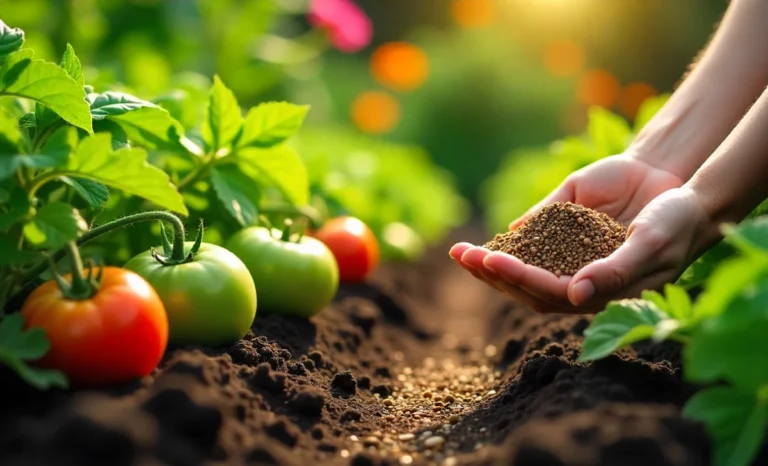 Mannacote natural fertilizer granules in healthy garden soil with thriving vegetables and flowers showing slow-release benefits