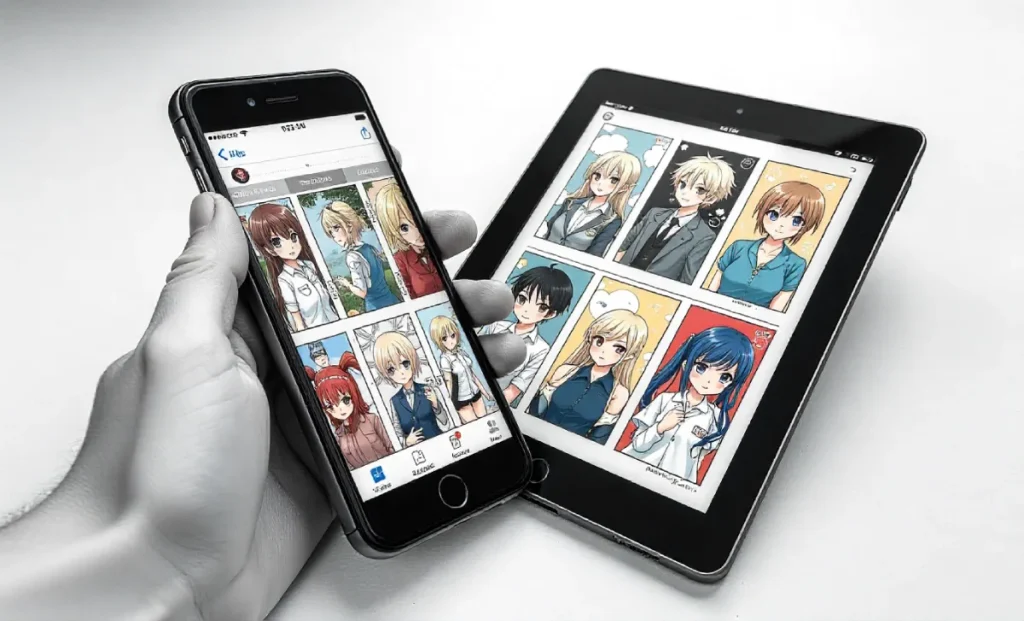 Myreadignamga manga reading platform guide showing mobile and tablet interfaces with various manga genres and safety features for free online reading