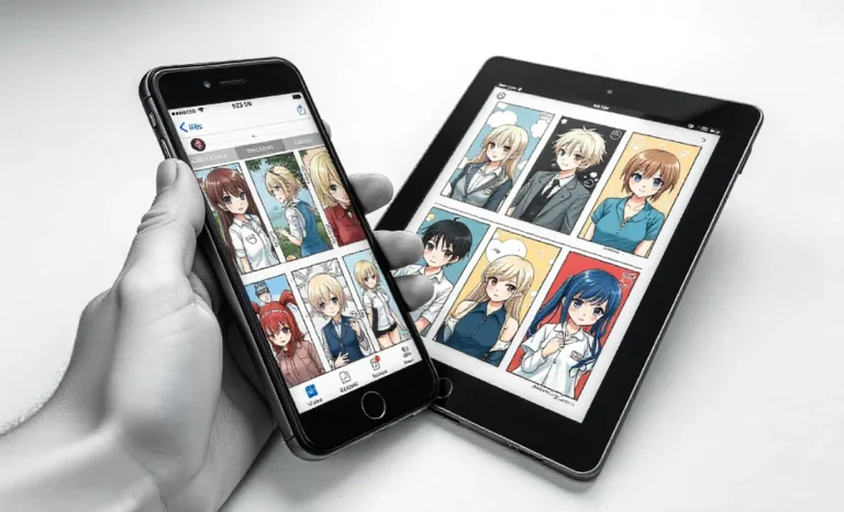 Myreadignamga manga reading platform guide showing mobile and tablet interfaces with various manga genres and safety features for free online reading