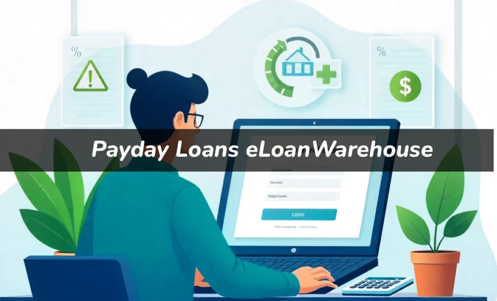 Person applying for payday loans eloanwarehouse online with high interest rate warning symbols and calculator