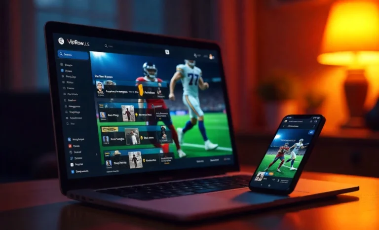 VIPRow.us.com free sports streaming platform showing NFL NBA games on laptop and mobile devices with streaming interface