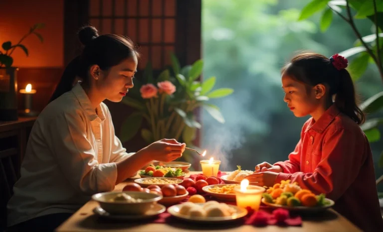 Vietnamese family celebrating đeman festival with traditional ancestral altar, incense, and food offerings during cultural ceremony