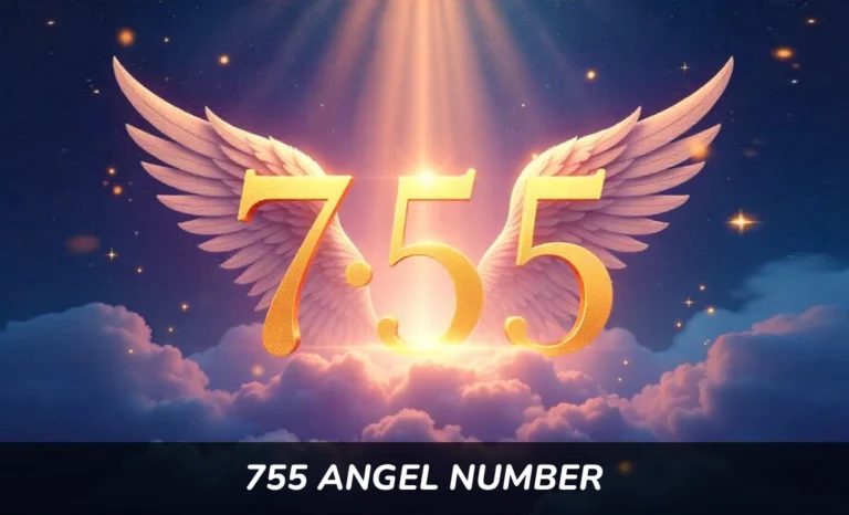 755 angel number glowing in golden light with angel wings and celestial elements representing spiritual meaning and divine guidance