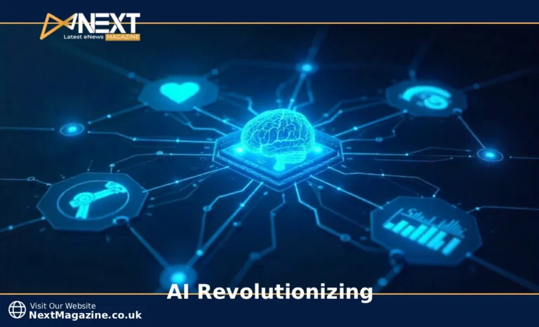 AI Revolutionizing business operations showing digital technology transforming healthcare manufacturing and finance industries in 2025