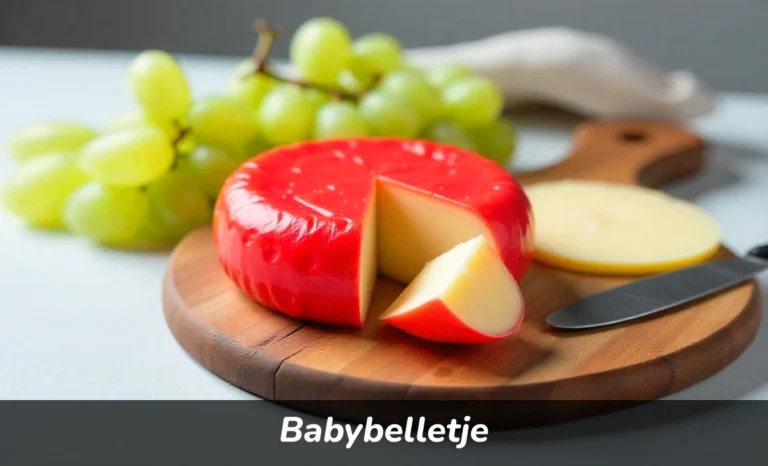 Babybelletje Dutch mini cheese with red wax coating on wooden board with grapes and cheese slices
