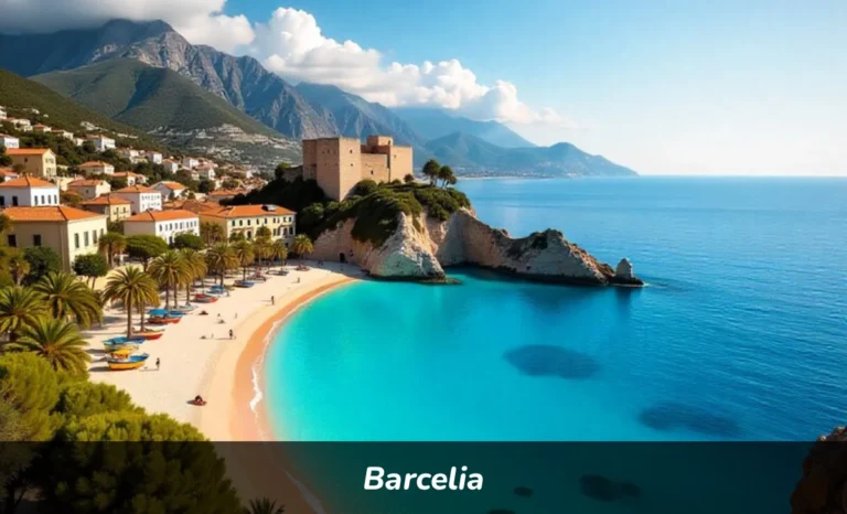 Barcelia Mediterranean coastal view with pink sand beach, ancient temple ruins, castle on hilltop, and turquoise coral reef waters