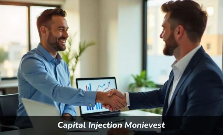 Business owner securing capital injection monievest funding with investor handshake and financial growth charts