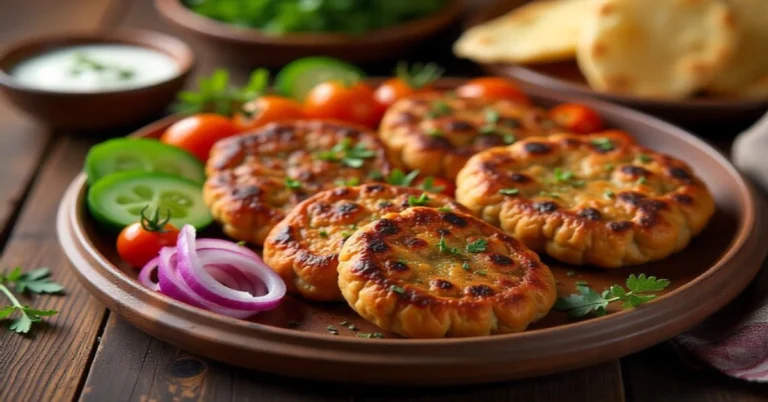 Traditional Turkish cevurı grilled meat patties served with fresh vegetables yogurt sauce and pita bread on rustic wooden plate