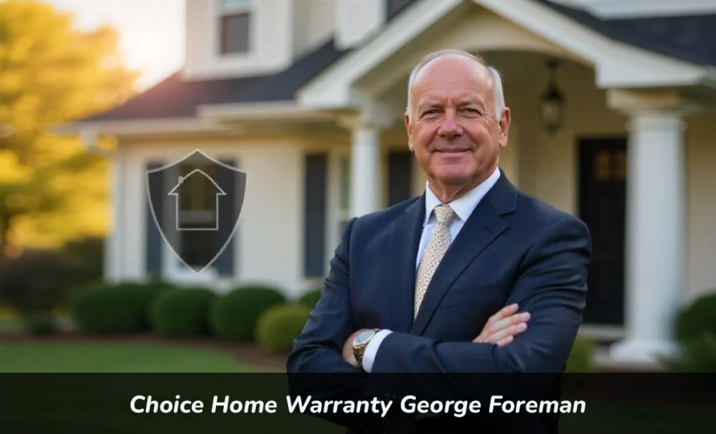 George Foreman promoting choice home warranty standing in front of residential home