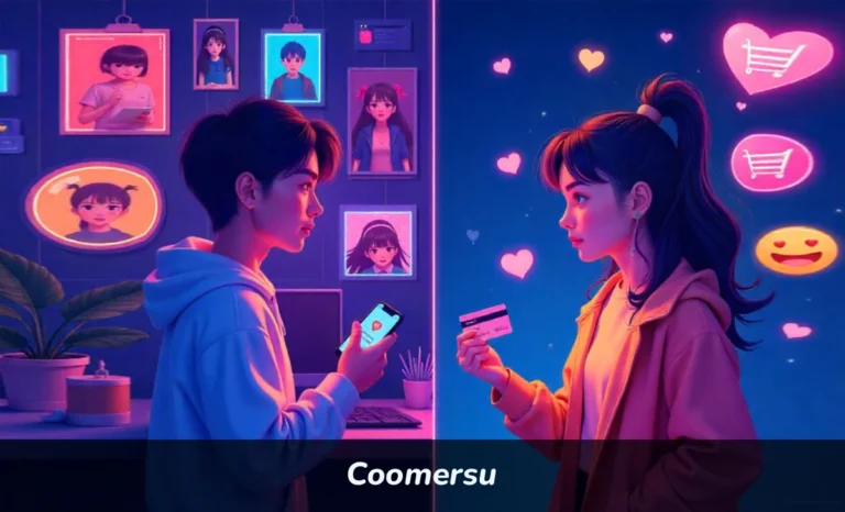 Young person surrounded by anime merchandise and digital screens showing Coomersu culture and emotional shopping behavior