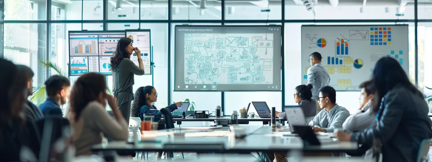 The Benefits of Implementing Knowledge Management Software in the Workplace - Business - Next Magazine Business team discusses strategy before data-rich digital boards, showing top knowledge management software enhancing knowledge sharing and innovation cycles.