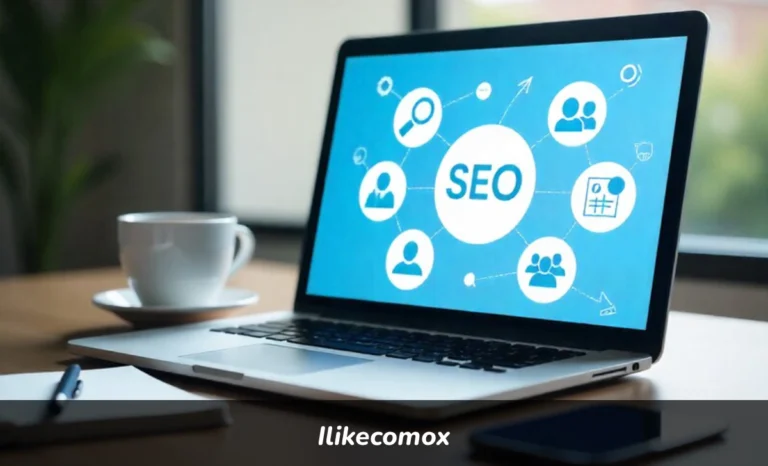 Ilikecomox digital marketing platform dashboard showing SEO tools, social media management, and CRM features on laptop screen
