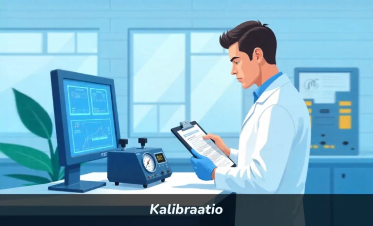 Technician performing kalibraatio calibration process on precision measuring instrument in professional laboratory environment
