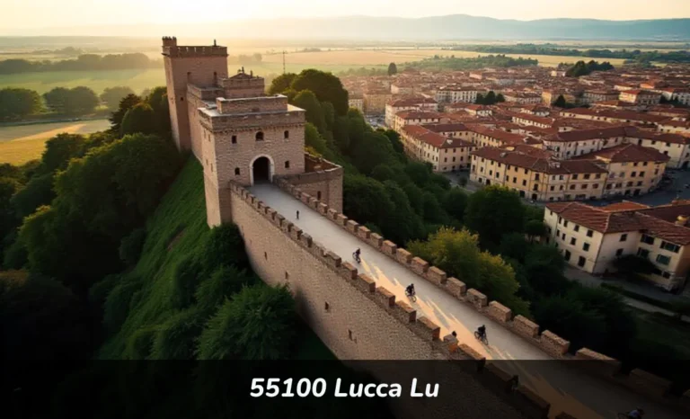 Lucca Italy Renaissance walls with cyclists on tree-lined promenade above historic center red rooftops