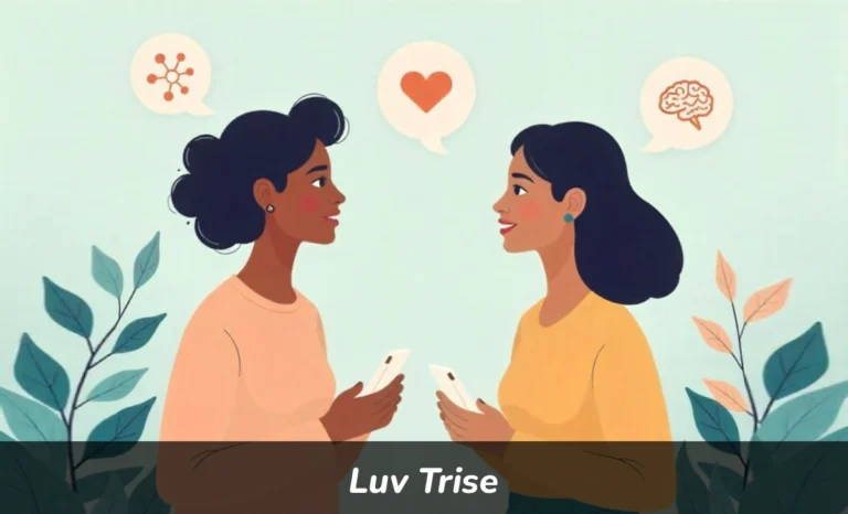 Two people building authentic connection using Luv Trise platform with emotional intelligence symbols in background