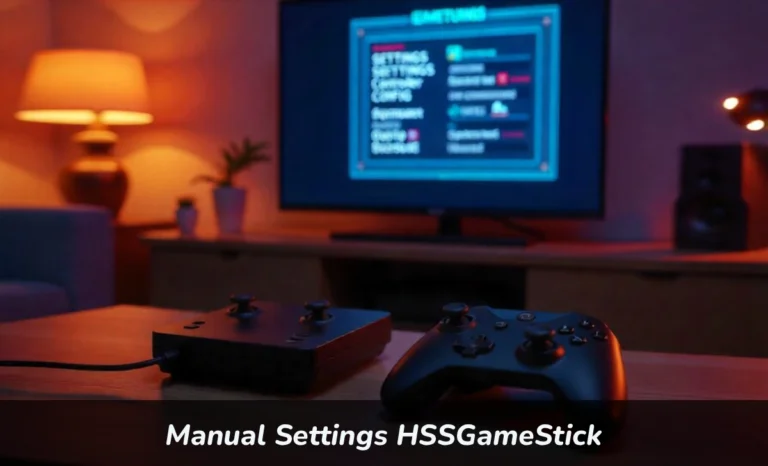 Manual Settings HSSGameStick console connected to TV showing settings menu with wireless controllers on table
