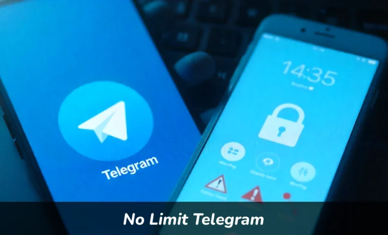 No Limit Telegram app interface showing unlimited file storage and messaging features on smartphone screen